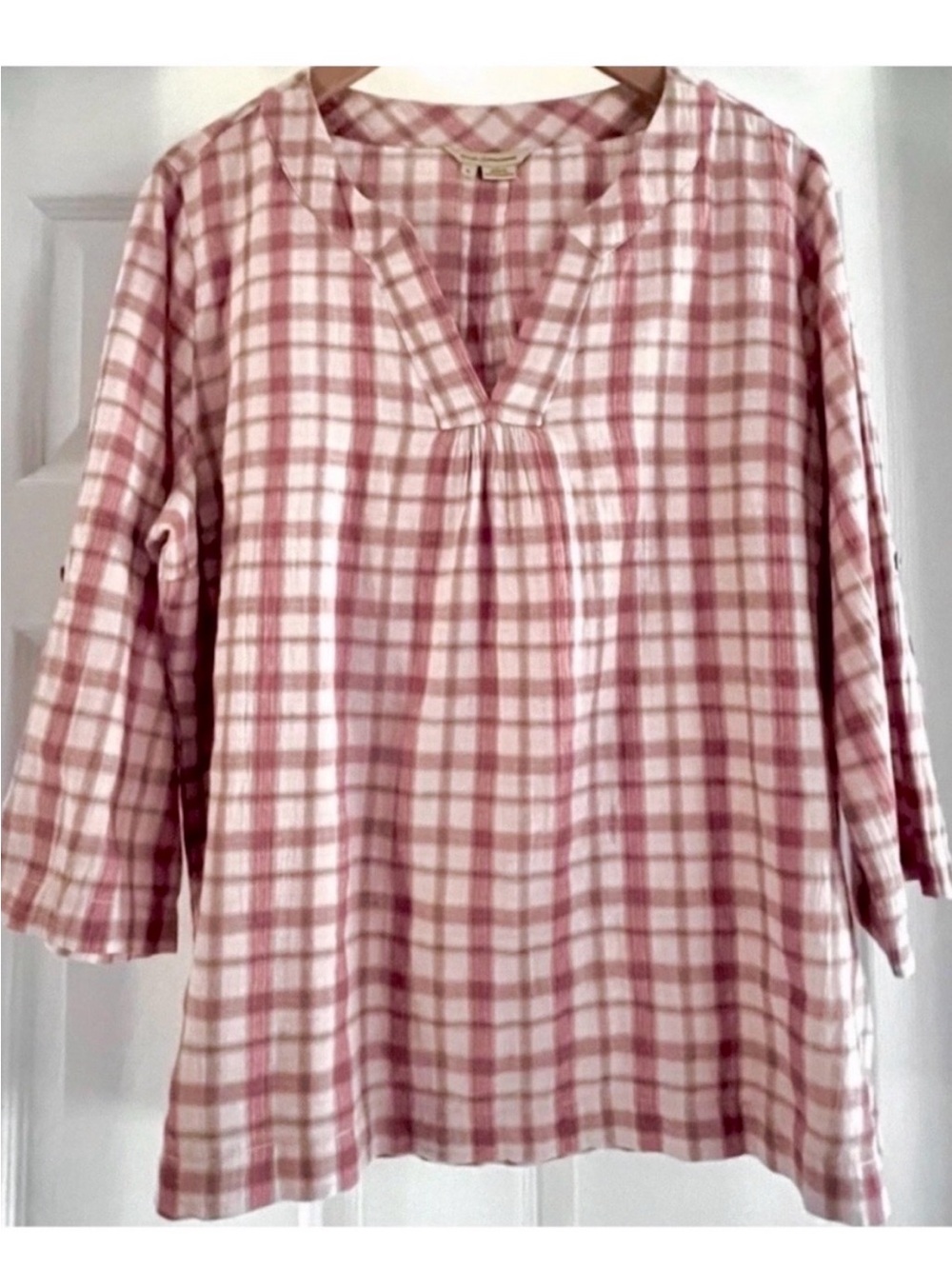 ROYAL ROBBINS Pullover Plaid Shirt Roll-Tab Sleeves Popover Blouse